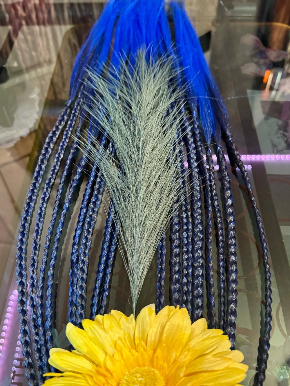 Hand Crafted Electric Blue Braided Hair Extensions with Yellow Accent